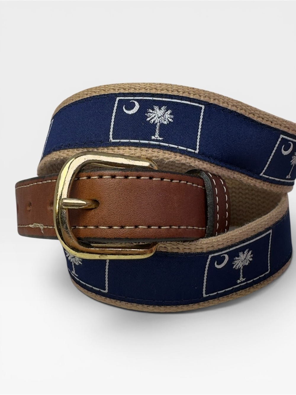 Men’s Navy Palmetto Tree South Carolina Brown Leather Trim and Canvas 36”